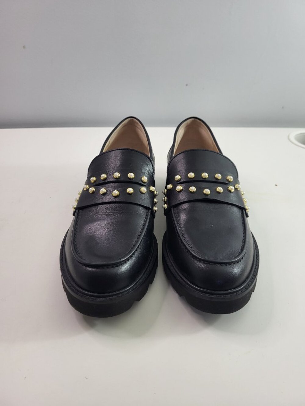Stuart Weitzman Black Leather Loafers 5.5 Gold Studded Embellished Penny Loafers